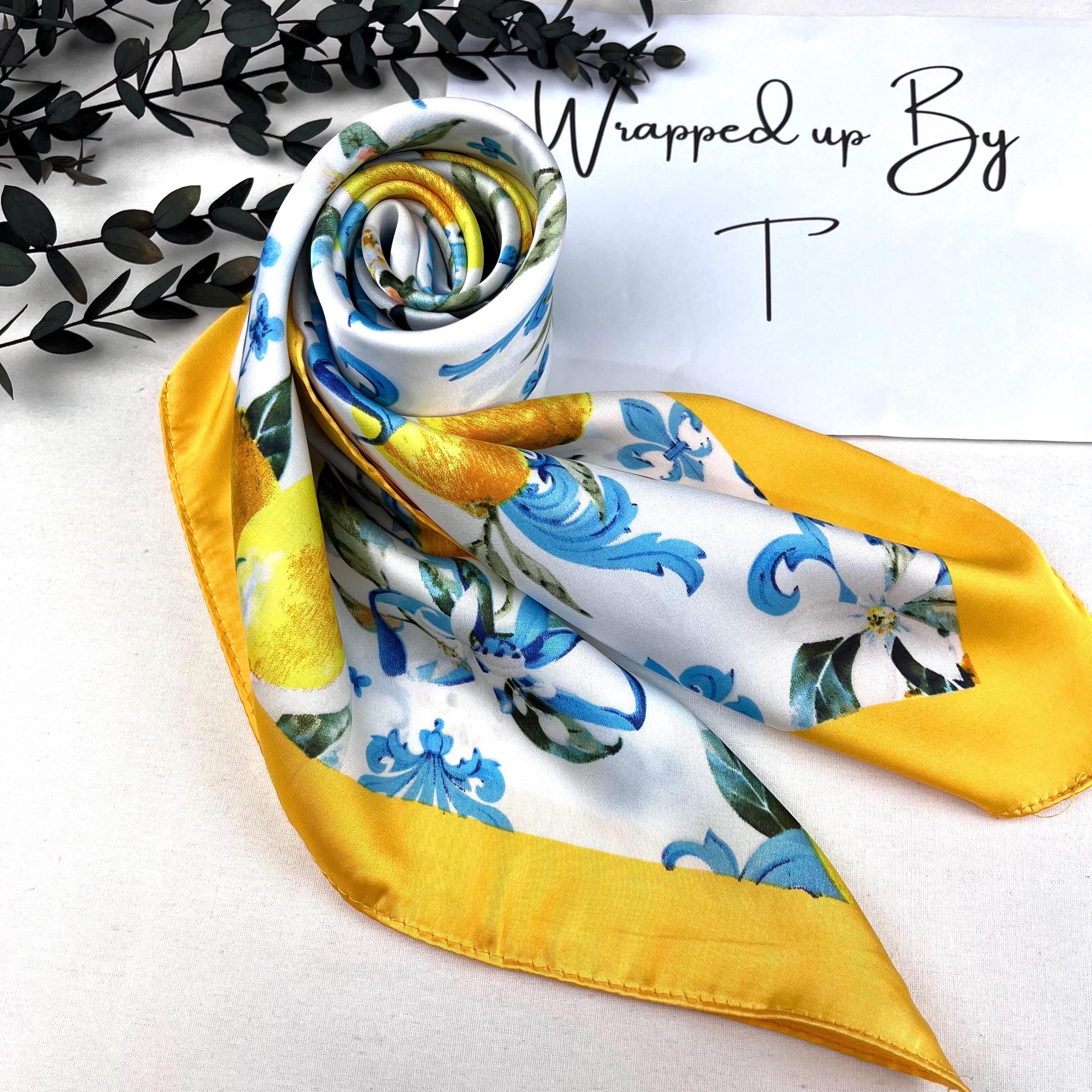 Lemon Print Silk Scarf, Yellow and Blue Satin Bandana - Etsy