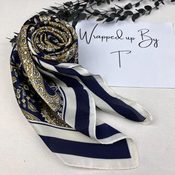 Navy Blue Silk Square Scarf, Satin Bandana, Hair Tie, Headscarf