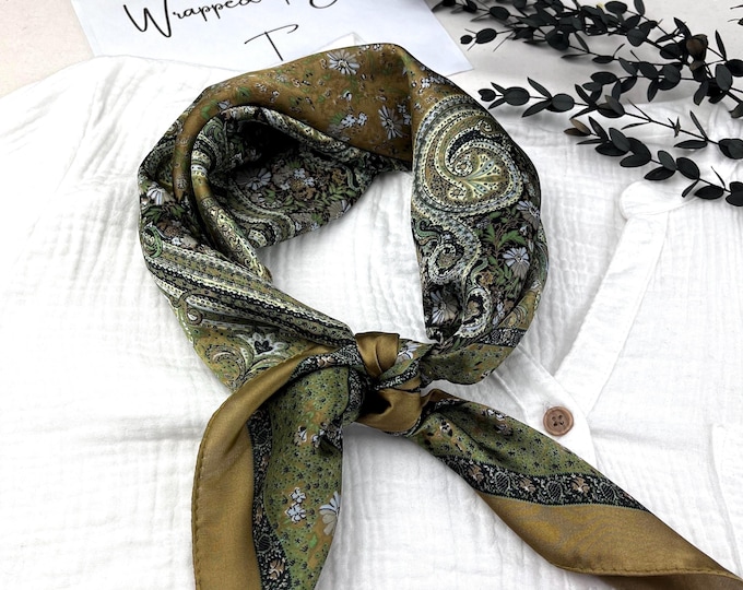 Olive green silk square scarf, vintage style, satin bandana, hair tie, headscarf, head wrap, ladies scarves
