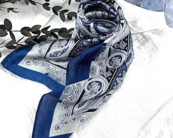 Blue silk square scarf, paisley print satin bandana, hair tie, headscarf, head wrap, ladies scarves