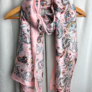 Pink silk scarf, satin hair wrap shawl, women’s scarves, birthday gift for her, floral print