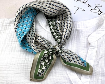 Mulberry Silk Square Scarf, Geometric Print Neckerchief