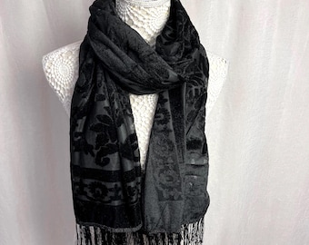 Black velvet scarf, devore burnout velvet wrap, winter warm, evening wedding shawl