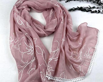 Pink Embroidered Cotton Viscose Scarf, Delicate Lace Trim Wrap
