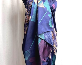 Navy Silk Wrap Skirt Sarong – wrap dress, Lightweight Beach Cover-Up, Summer Scarf, Festival Shawl