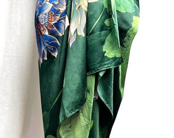 Green Silk Wrap Skirt Sarong – Halter dress, Lightweight Beach Cover-Up, Summer Scarf, Festival Shawl