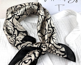100% Mulberry silk square scarf, Rose print, pure silk neckerchief, hair tie, headscarf, head wrap, ladies scarves