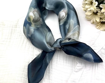 100% Mulberry Silk Scarf, Navy Floral Watercolor Headscarf, Neckerchief Accessory