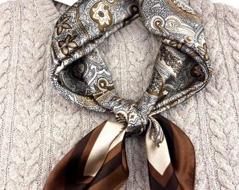 Brown silk square scarf, vintage style paisley print, satin bandana, hair tie, headscarf, head wrap, ladies scarves