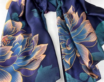 Navy Floral Silk Scarf: Versatile Shawl, Sarong, Headscarf