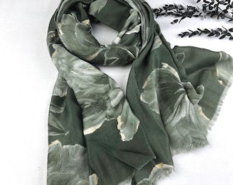 Olive Green Peony Print Scarf, Cotton Viscose Blend Wrap, Vintage Style Shawl