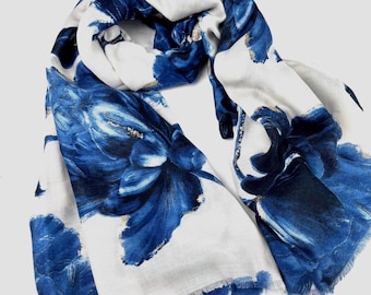 Blue Peony Floral Scarf, Gold Accents, Cotton Viscose Wrap Shawl