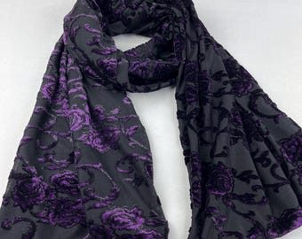 Black purple velvet scarf, Devore burnout shawl, evening wedding wrap, bridesmaid scarf, gift for her