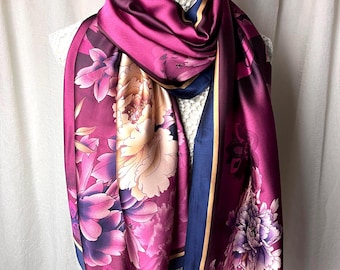 Pink peony silk scarf, ladies satin wrap shawl, womens scarves, wedding shawl