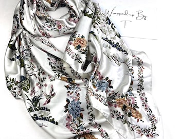 Cream ivory silk scarf, ladies satin wrap shawl skirt sarong, personalised gift for women, headscarf, women’s scarves, bird print