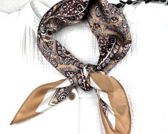 Beige brown silk square scarf, satin bandana, hair tie, headscarf, head wrap, ladies scarves