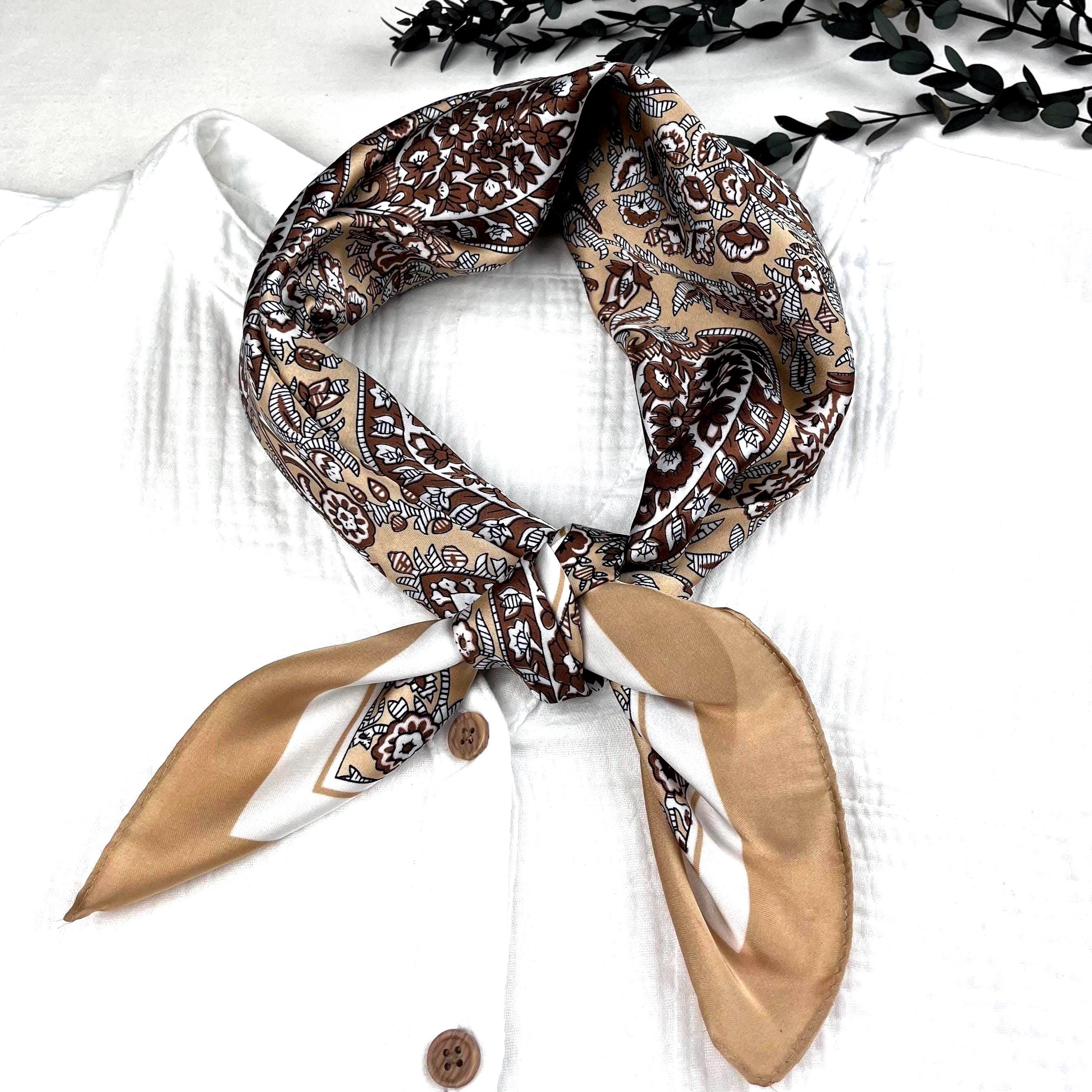 Beige Brown Silk Square Scarf, Satin Bandana, Hair Tie, Headscarf