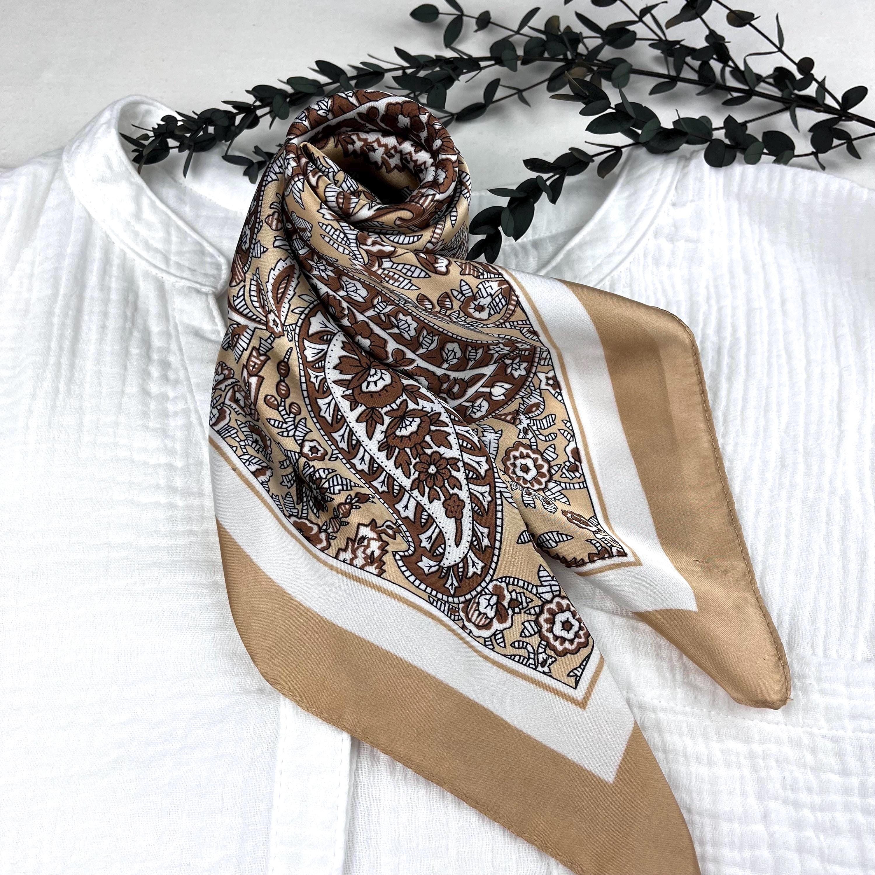 Beige Brown Silk Square Scarf, Satin Bandana, Hair Tie, Headscarf
