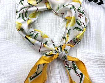 Yellow silk square scarf, lemon print satin bandana, hair tie, headscarf, head wrap, ladies scarves