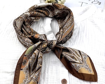 Brown silk square scarf, vintage style, satin bandana, hair tie, headscarf, head wrap, ladies scarves