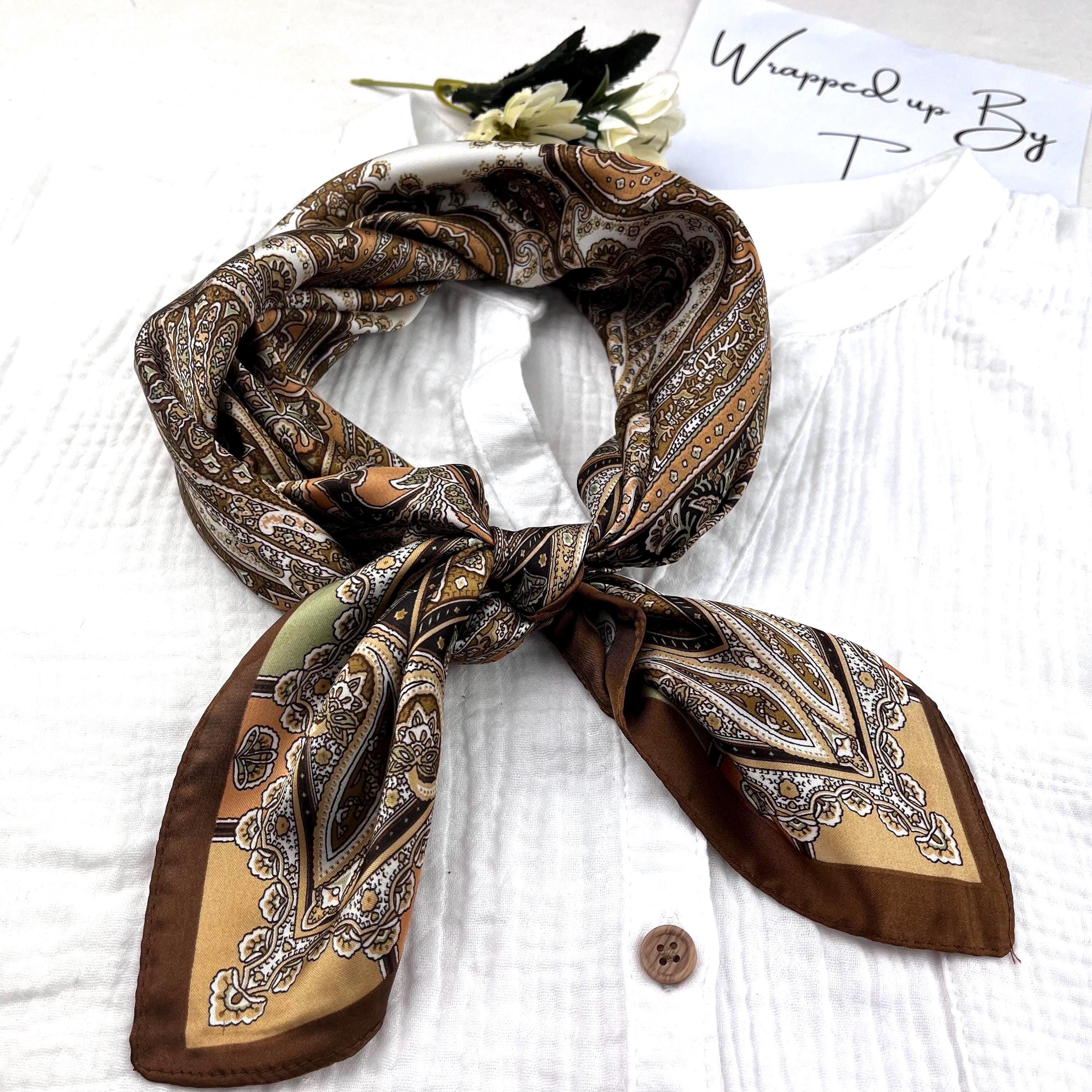 Brown Silk Square Scarf, Vintage Style, Satin Bandana, Hair Tie
