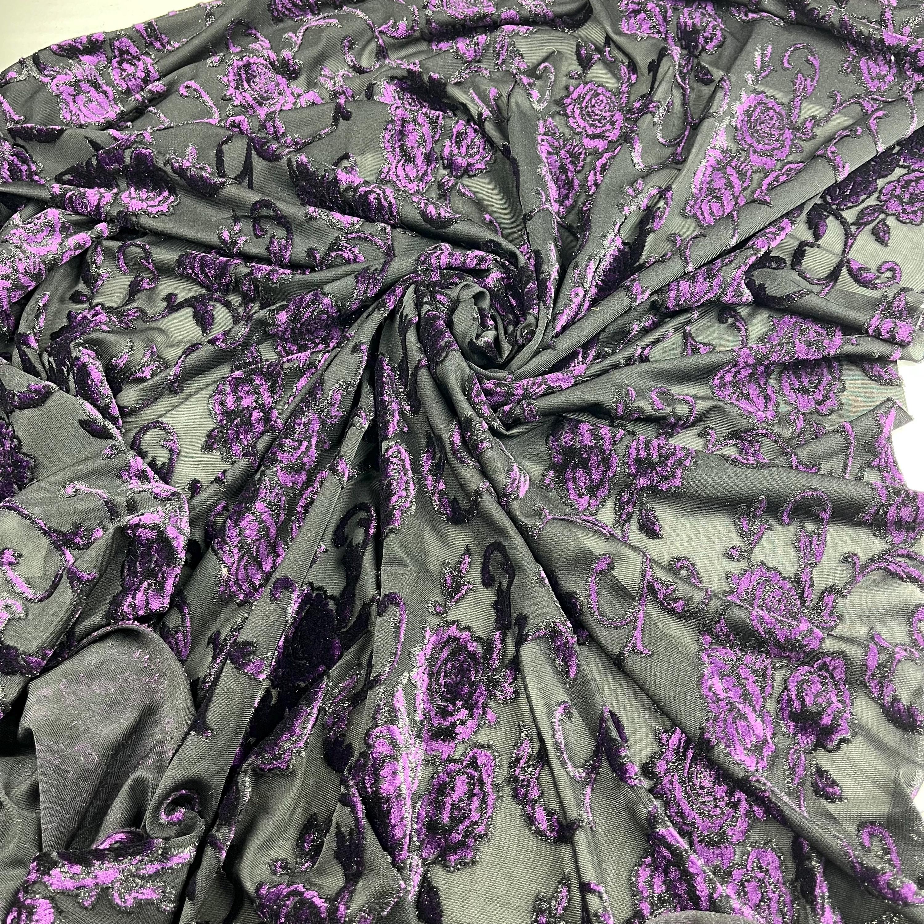 Black & Purple Floral Burnout Velvet Fabric: Shimmer Devore Material - Etsy