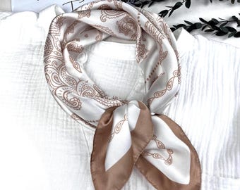 Brown white silk square scarf, paisley print satin bandana, hair tie, headscarf, head wrap, ladies scarves, neckerchief