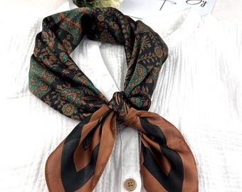 Black & Green silk square scarf, vintage style, satin bandana, hair tie, headscarf, head wrap, ladies scarves