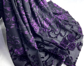 Black & Purple Floral Burnout Velvet Fabric: Shimmer Devore Material