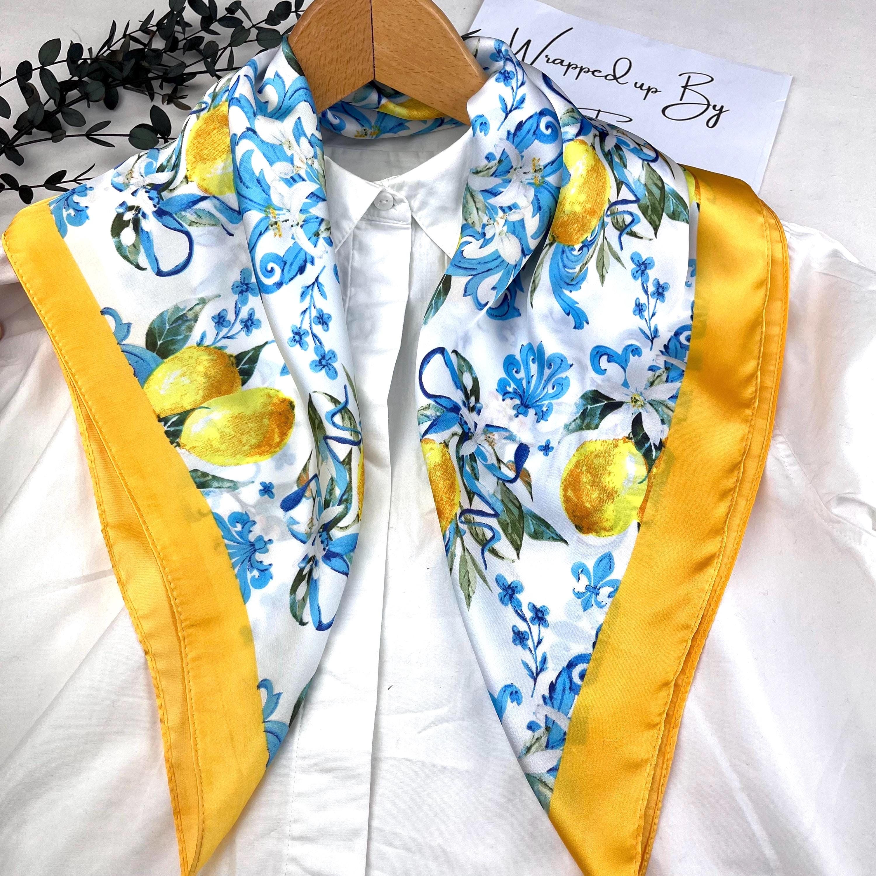 Yellow Lemon & Flowers Print Square Scarf Capri Lemon Silk Scarf with Hand-Rolled Hem in Sky Blue main image 3