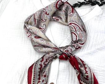 Beige rotes Seiden Quadrat Schal, Satin Bandana, Haargummi, Kopftuch, Kopftuch, Damen Schals
