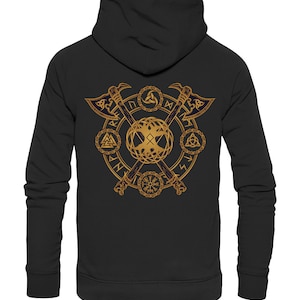 Könnte beinhalten: Schwarzer Kapuzenpullover mit einem goldenen Design aus gekreuzten Äxten, einem Lebensbaum und verschiedenen nordischen Symbolen.