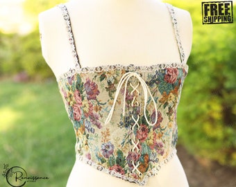 Ren Faire Corsetto Overbust Top, Corsetto Floreale Vittoriano con Lacci, Corsetto per Abito da Ballo Milkmaid, Corsetto retrò Vintage Cosplay Elegante Rinascimentale