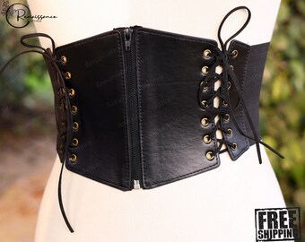 Black Medieval Underbust Corset, Renaissance PU Leather Corset Belt, Gothic Ren Faire Waist Corset, Retro Stretchable Zipper Womens Corset