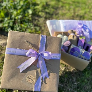 Purple Lavender Personalized Spa Gift Box: A Luxury Self-Care Retreat, Towel, Mitt, Sachet, Soap, Balm, Salt, Chocolate, Candle