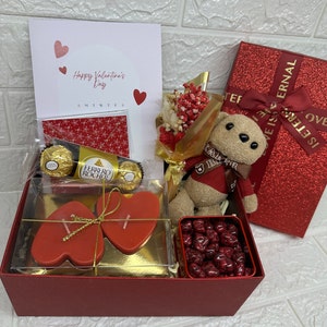 Romantic Gift Set for Her: Flowers, Candles, Teddy Bear, Photo, Chocolate, Pendant in gift box