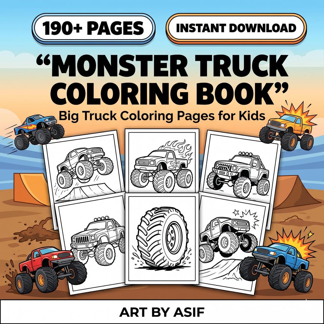 Monster Truck Coloring Book for Kids | 190+ Pages Printable PDF - Etsy