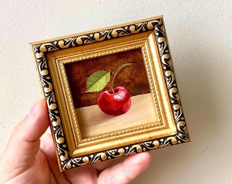 Cherry tiny oil painting Small framed kitchen art Realistic food original art Miniature fruit paintings Dark cottagecore Gift for Mom