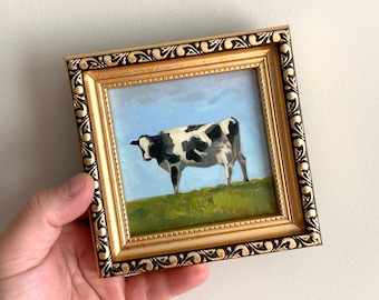 Cow Small Oil Painting: Framed Impressionist Animal Art Bovine Decor Pastoral Scene Alps