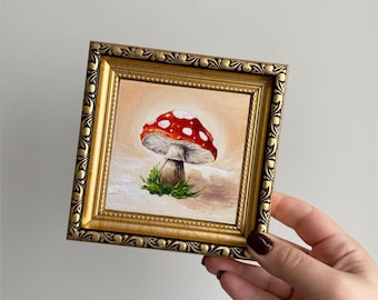 Mushroom Oil Painting: Framed fly agaric art, Cottagecore kitchen art