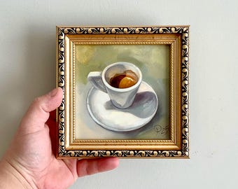 Coffee Cup Small kitchen art, Framed oil painting, Food Original Art, Classic Still Life
