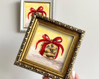 Cookies oil painting 4x4”, Miniature Christmas kitchen art, Mantel decor, Small framed art, Food original oil painting, Gift for her