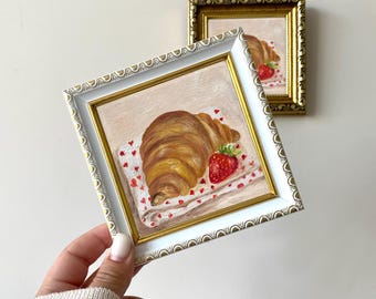 Croissant oil painting with strawberry in a frame, Small food art 4x4”, Still life painting, Miniature artwork, Birthday gift, Gift for her