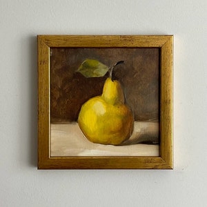 Pear oil painting, Small kitchen art, Fruit Still life, Contemporary art in a wooden frame. Dining Room Decor, Classic oil artwork