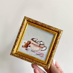 Christmas art, Cocoa cup painting with gingerbread man, Christmas original oil painting 4x4”, Kitchen art, Cup artwork Small framed art gift