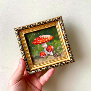 Mushrooms small oil painting 4x4 Fly agaric original art Tiny framed kitchen art Dark cottagecore artwork Miniature goblincore decor