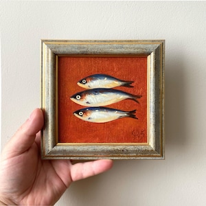 Sardines Kitchen Art, Fish Oil Paintings, Country French Decor, 5x5 Framed Wall Art, Fine Art, Tiny Original Painting, Rustic Home Decor