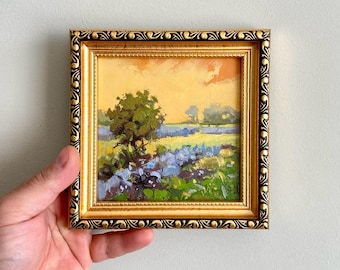 Lavender impasto original oil painting 5x5 countryside framed art Small Abstract landscape Purple field