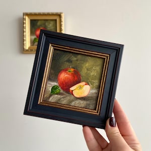 Apple oil painting in a frame, Dark cottagecore art, Miniature original painting, Kitchen art, Still life small painting, Housewarming gift