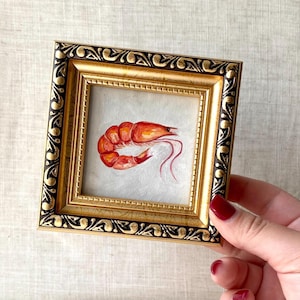 Shrimp oil painting 3*3” in a frame, Seafood original painting, Langoustine art Miniature original artwork Fish still life Small kitchen art